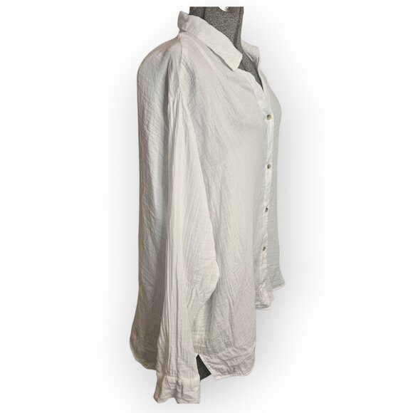 Crinkle Gauze Button-Down Boyfriend Shirt L - Picture 5 of 7